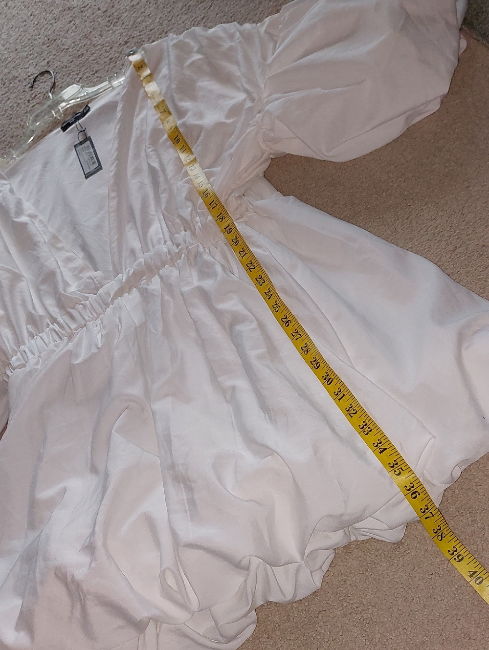 NWT PrettyLittleThing White Puff Sleeve Puffball Hem Shift Mini Dress Sz 18 - Picture 8 of 11